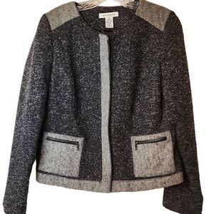 Liz Claiborne Women's Size Medium Tweed Blazer Black Gray Full Zip Two Pocket Zi